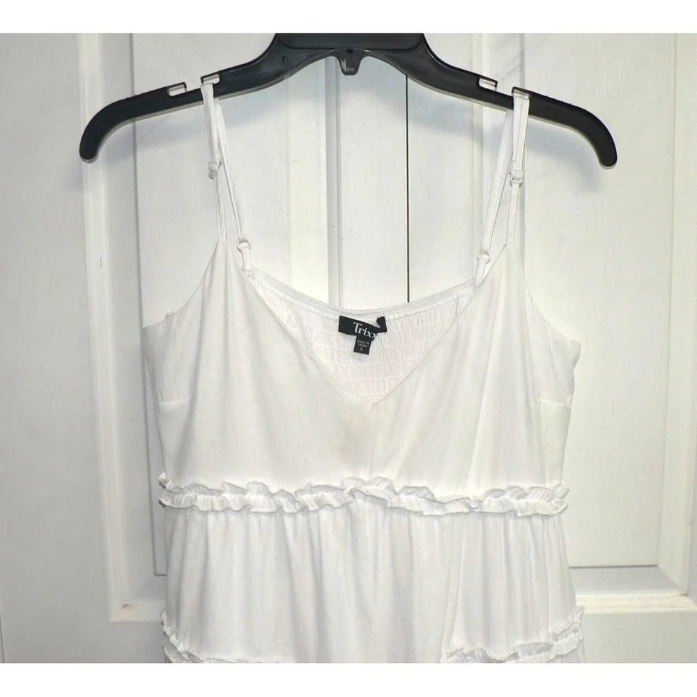 Trixxi VNeck Adjustable Spaghetti Straps Smocked Back Tiered Mini Dress White LG